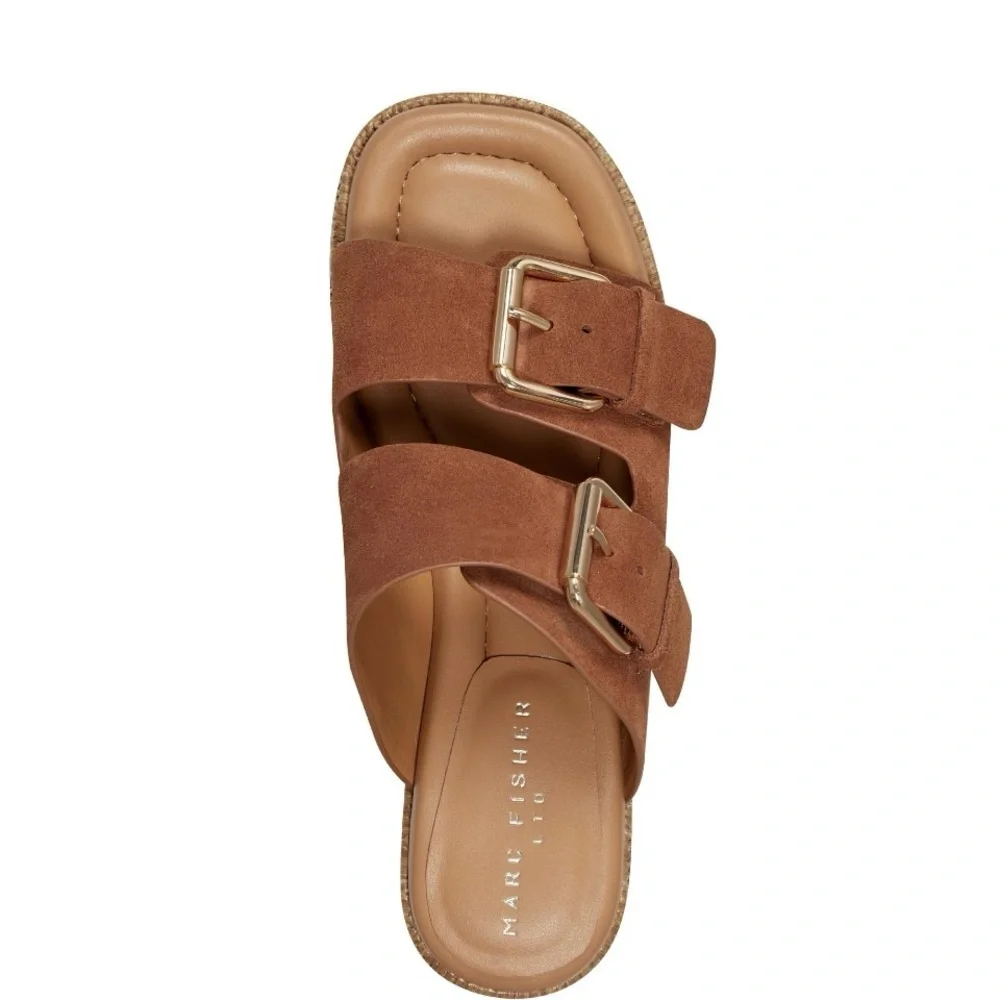 Marc Fisher Suede Double Buckle Platform Sandals in Tan